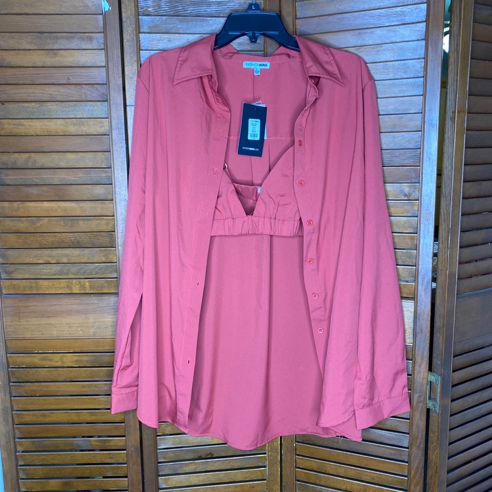 Fashion Nova Tara Button Up Shirt With Bralette Top Set Womens Large